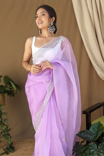 Purple Color Organza silk Saree With Embroidery