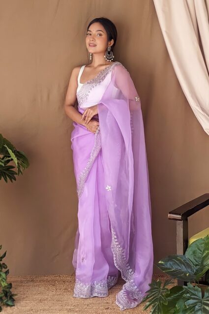 Purple Color Organza silk Saree With Embroidery