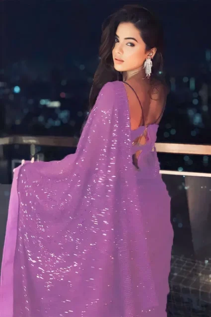 Purple Sequin Saree For College Farewell