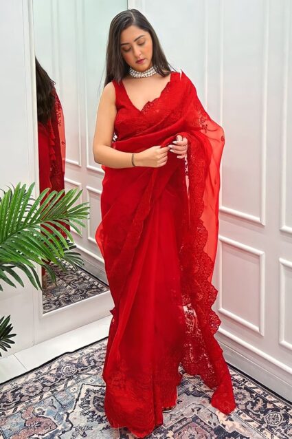 Red Color Ethnic Designer Karwa Chauth Saree Look For Women