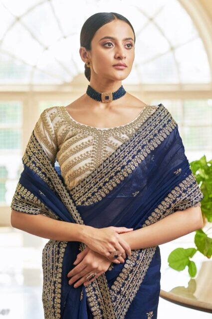 Trendy Blue Colour Ethnic Designer Organza Saree