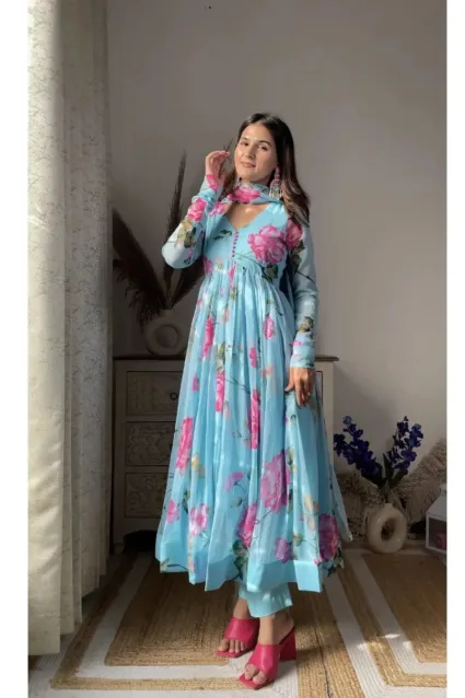 Comfortable Floral Sky Blue Print Organza Suit Set With Dupatta