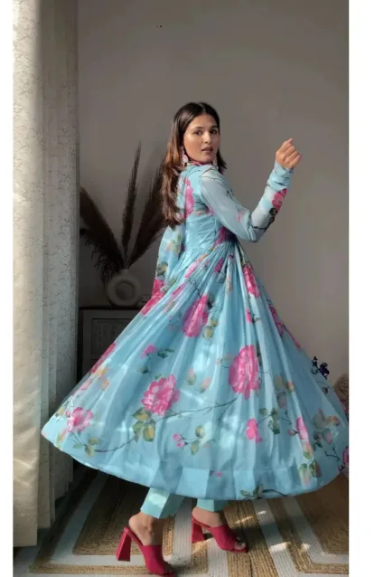 Comfortable Floral Sky Blue Print Organza Suit Set With Dupatta