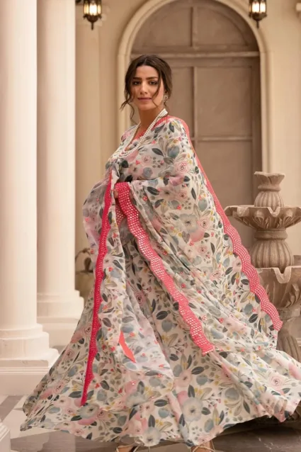 Pure Cotton Floral Gown And Dupatta Suit Set With Heavy Border