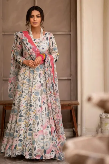 Pure Cotton Floral Gown And Dupatta Suit Set With Heavy Border