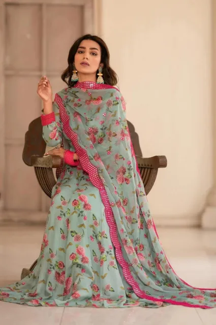 Designer Ritu Kumar Inspired Gown Dress With Dupatta In Pure Cotton Fabric