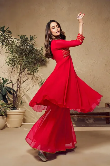 Malaika Arora Red Zari Embroidered Flared Kurta With Sharara