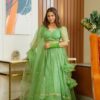 Image of green nooraniyat organza lehenga choli set Green Kurta Set displayed with matching accessories and styling for ethnic wear collection.