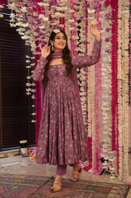 Joy Purple Muslin Suit Set Deep Purple Muslin Kurta with Straight Pants and Dupatta
