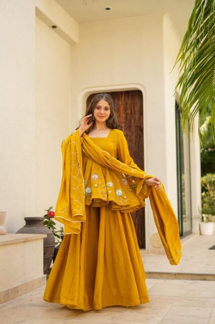 Jassica Mustard Sharara Set Mustard Embroidered Kurta with Flared Sharara and Dupatta