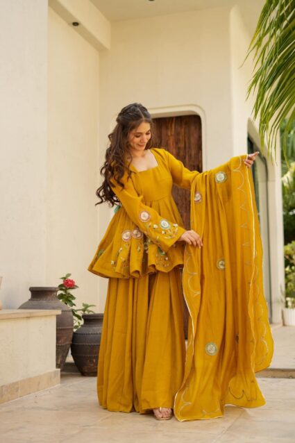 Jassica Mustard Sharara Set Mustard Embroidered Kurta with Flared Sharara and Dupatta