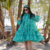 Image of Disty green organza dress Green Dress displayed with matching accessories and styling for ethnic wear collection.