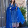 Image of jasmine blue embroidered georgette suit set Blue Georgette Suit Set displayed with matching accessories and styling for ethnic wear collection.