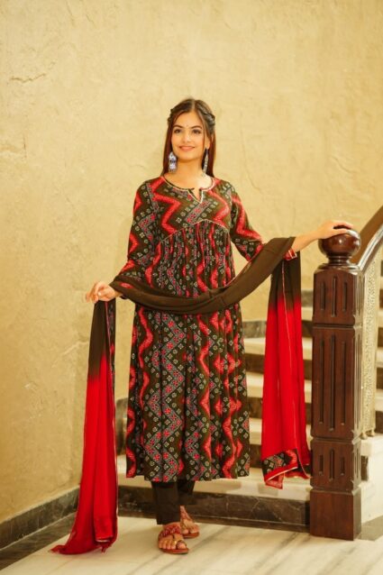 Keshini Rayon Nyra-Cut Set Stylish Black Rayon Kurta with Nyra Cut and Dupatta