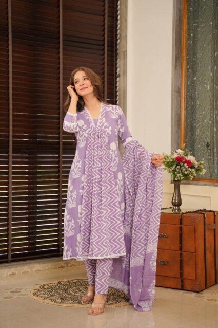 Lavender Bliss Cotton Suit Set Comfortable Cotton Kurta with Palazzo and Dupatta