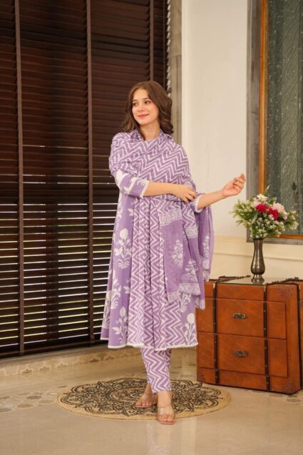 Lavender Bliss Cotton Suit Set Comfortable Cotton Kurta with Palazzo and Dupatta