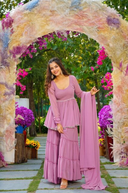 Lavender Light Georgette Sharara Set Embroidered A-Line Kurta with Sharara & Dupatta
