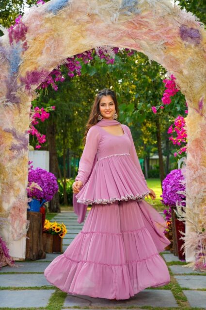 Lavender Light Georgette Sharara Set Embroidered A-Line Kurta with Sharara & Dupatta