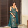 Image of Kendall Organza Kurta-Palazzo Set Elegant Teal Ensemble with Floral Accents displayed with matching accessories and styling for ethnic wear collection.