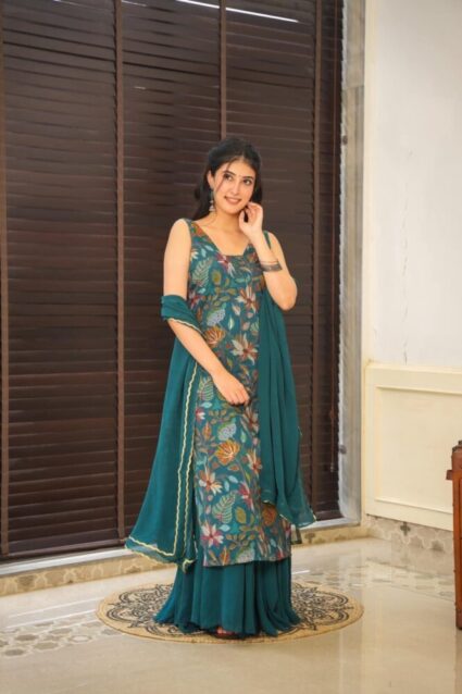 Kendall Organza Kurta-Palazzo Set Elegant Teal Ensemble with Floral Accents