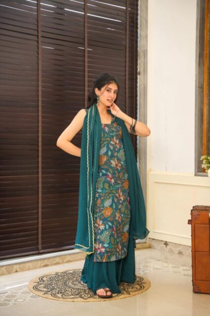 Kendall Organza Kurta-Palazzo Set Elegant Teal Ensemble with Floral Accents