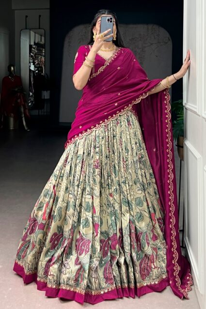 Cream Kalamkari Printed Silk Half Saree Lehenga