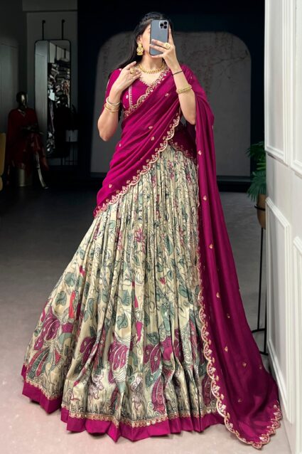 Cream Kalamkari Printed Silk Half Saree Lehenga