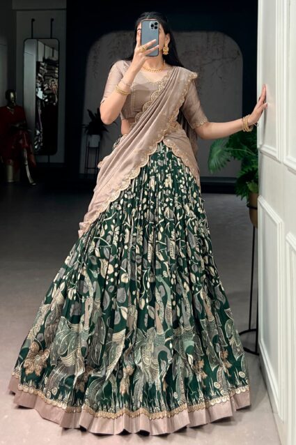 Green Kalamkari Printed Silk Half Saree Lehenga | Ethnic Race