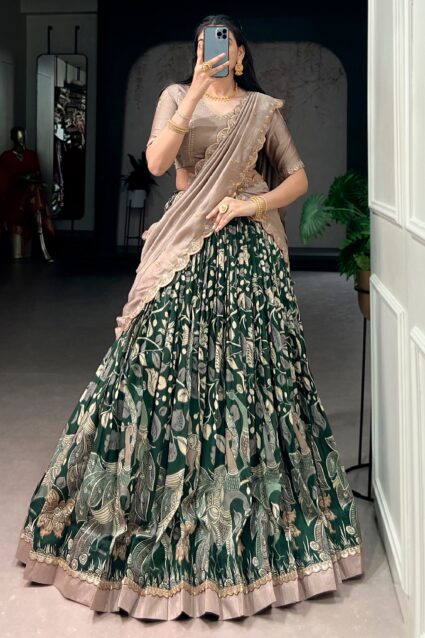 Green Kalamkari Printed Silk Half Saree Lehenga | Ethnic Race