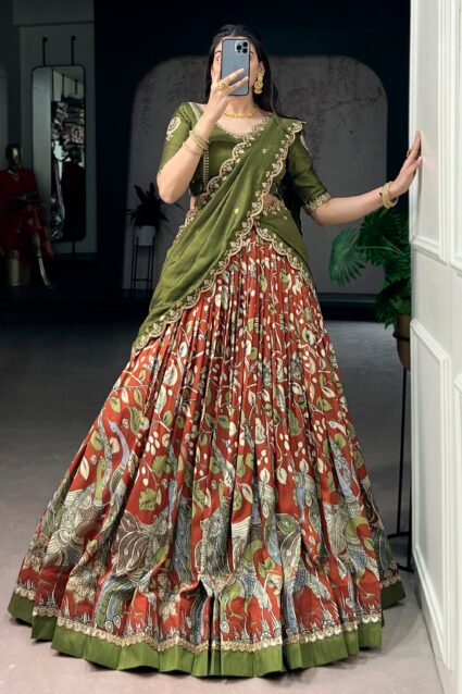 Rust Orange Kalamkari Silk Half Saree Lehenga for Women