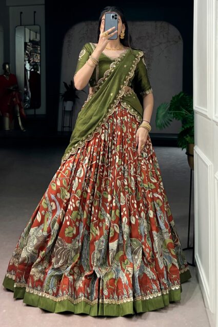 Rust Orange Kalamkari Silk Half Saree Lehenga for Women