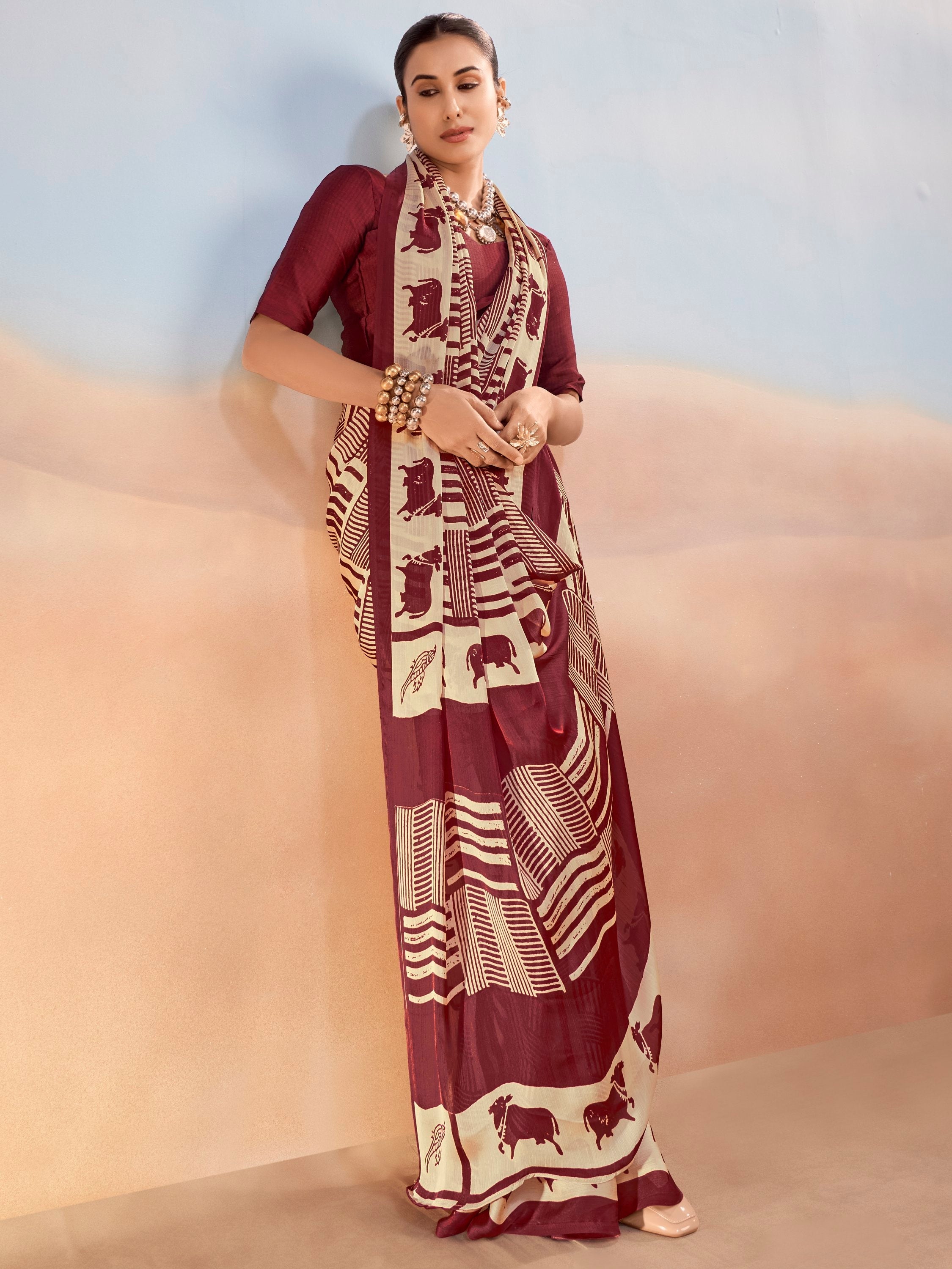 Maroon Satin Saree With Blouse - Perfect Festive Wear Maroon Satin Saree With Blouse - Perfect Festive Wear