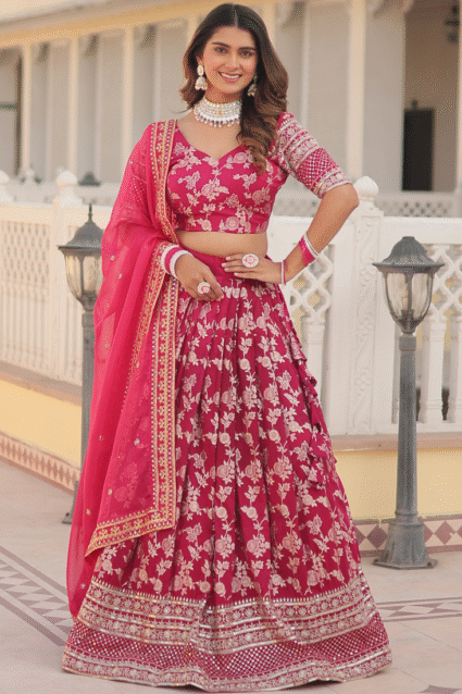 Pink Zari Work Pure Viscose Jacquard Lehenga Choli