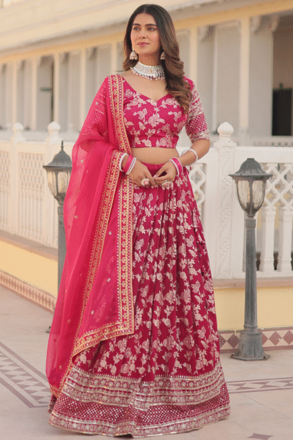 Pink Zari Work Pure Viscose Jacquard Lehenga Choli