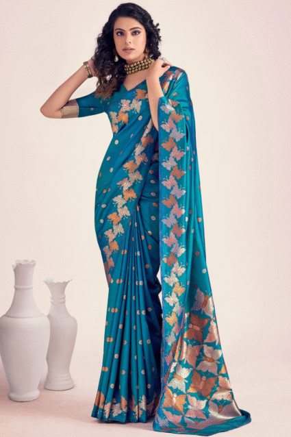 Blue Banarasi Silk Zari Weaving Wedding Saree & Blouse