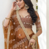 Back view of the Brown Sangeet Lehenga Choli showcasing its elegant design, thread embroidery det...
