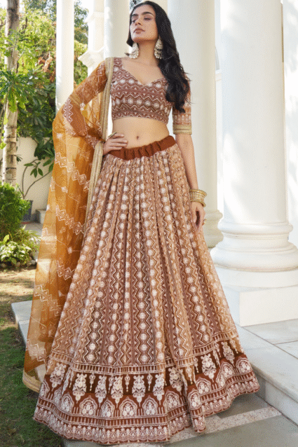 Brown Sangeet Lehenga Choli - Thread Embroidered Sequence Work