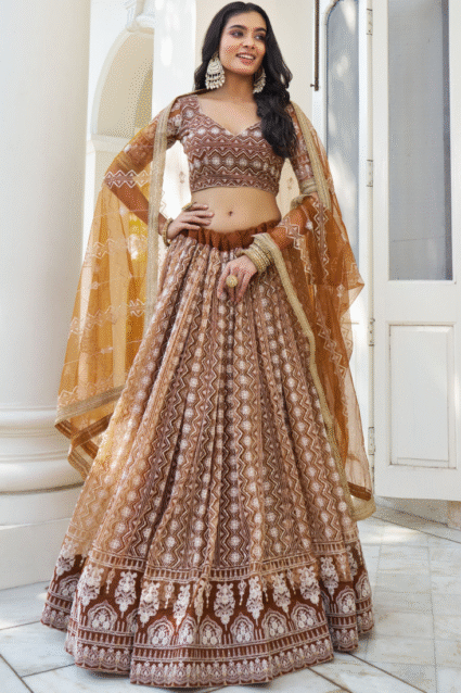 Brown Sangeet Lehenga Choli - Thread Embroidered Sequence Work