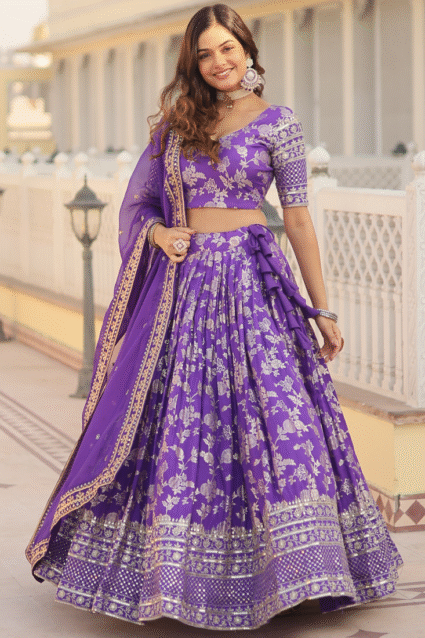 Lavender Wedding Lehenga Choli with Viscose Jacquard Embroidery | Ethnic Race