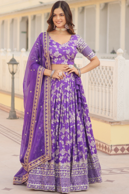 Lavender Wedding Lehenga Choli with Viscose Jacquard Embroidery | Ethnic Race