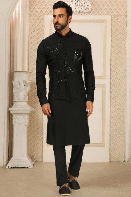 Black Art Silk Kurta Payjama with Embroidery for Men - Perfect Evening Wear