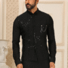Close-up of Intricate Embroidery on Black Art Silk Kurta Payjama for Men with Payjama and Matchin...