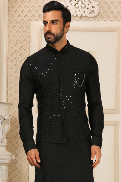 Black Art Silk Kurta Payjama with Embroidery for Men - Perfect Evening Wear