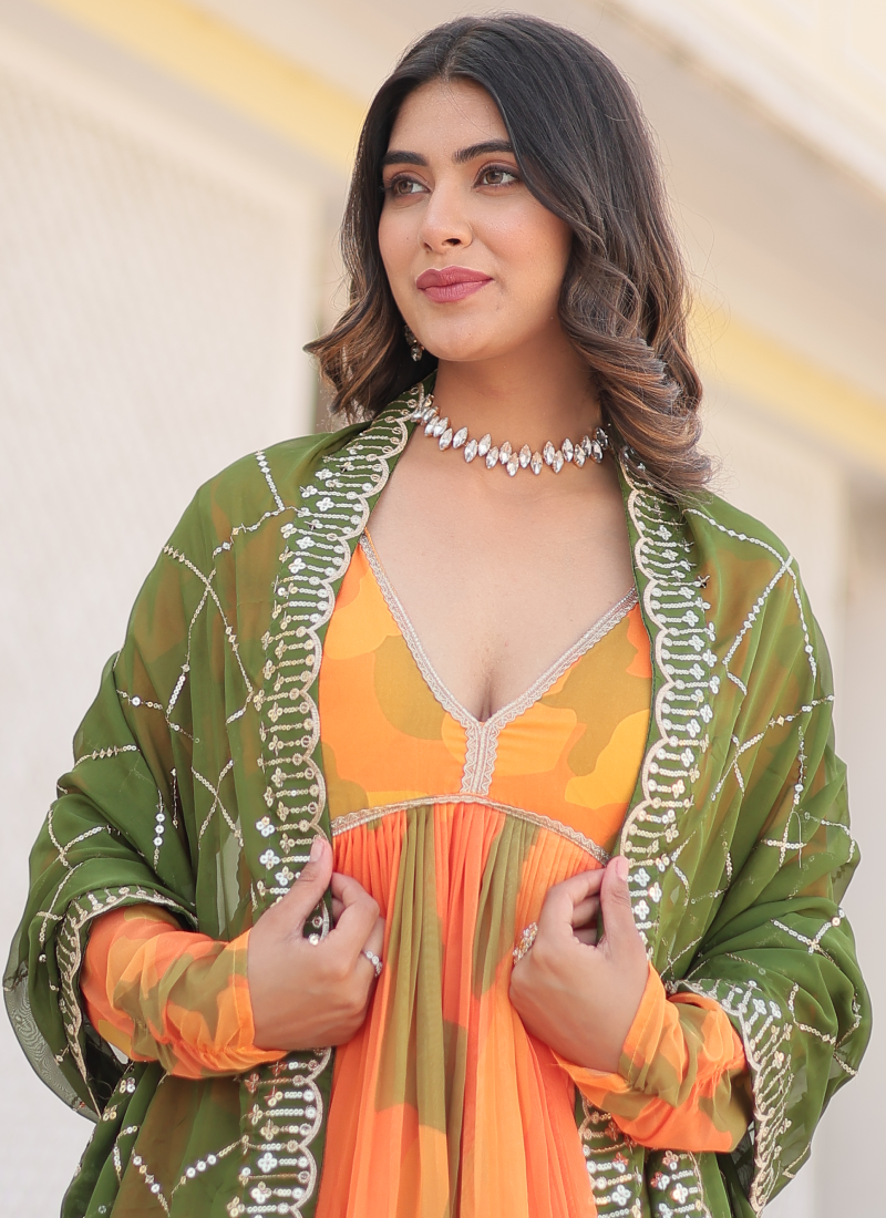 Orange Russian Silk Digital Floral Printed Anarkali Gown | Ethnic Race Orange Russian Silk Digital Floral Printed Anarkali Gown | Ethnic Race