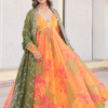 Detailed view of delicate embroidery work and intricate printing on Orange Russian Silk Digital F...