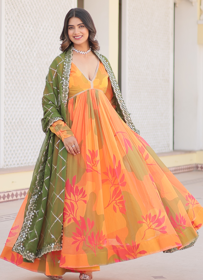 Orange Russian Silk Digital Floral Printed Anarkali Gown | Ethnic Race Orange Russian Silk Digital Floral Printed Anarkali Gown | Ethnic Race