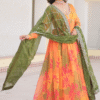 Orange Russian Silk Digital Floral Printed Anarkali Gown from the side, highlighting the flared s...
