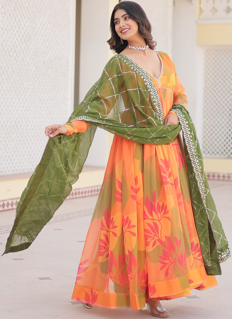 Orange Russian Silk Digital Floral Printed Anarkali Gown | Ethnic Race Orange Russian Silk Digital Floral Printed Anarkali Gown | Ethnic Race