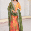 High-quality digital floral print on Orange Russian Silk fabric used in this stunning Anarkali Go...