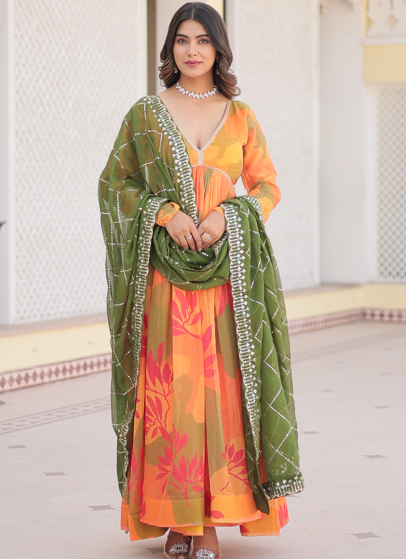 Orange Russian Silk Digital Floral Printed Anarkali Gown | Ethnic Race Orange Russian Silk Digital Floral Printed Anarkali Gown | Ethnic Race